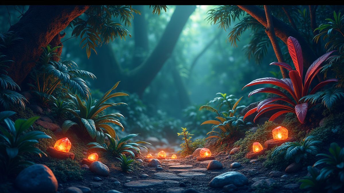 A jungle landscape with lush plants and sparkling gems among the foliage.
