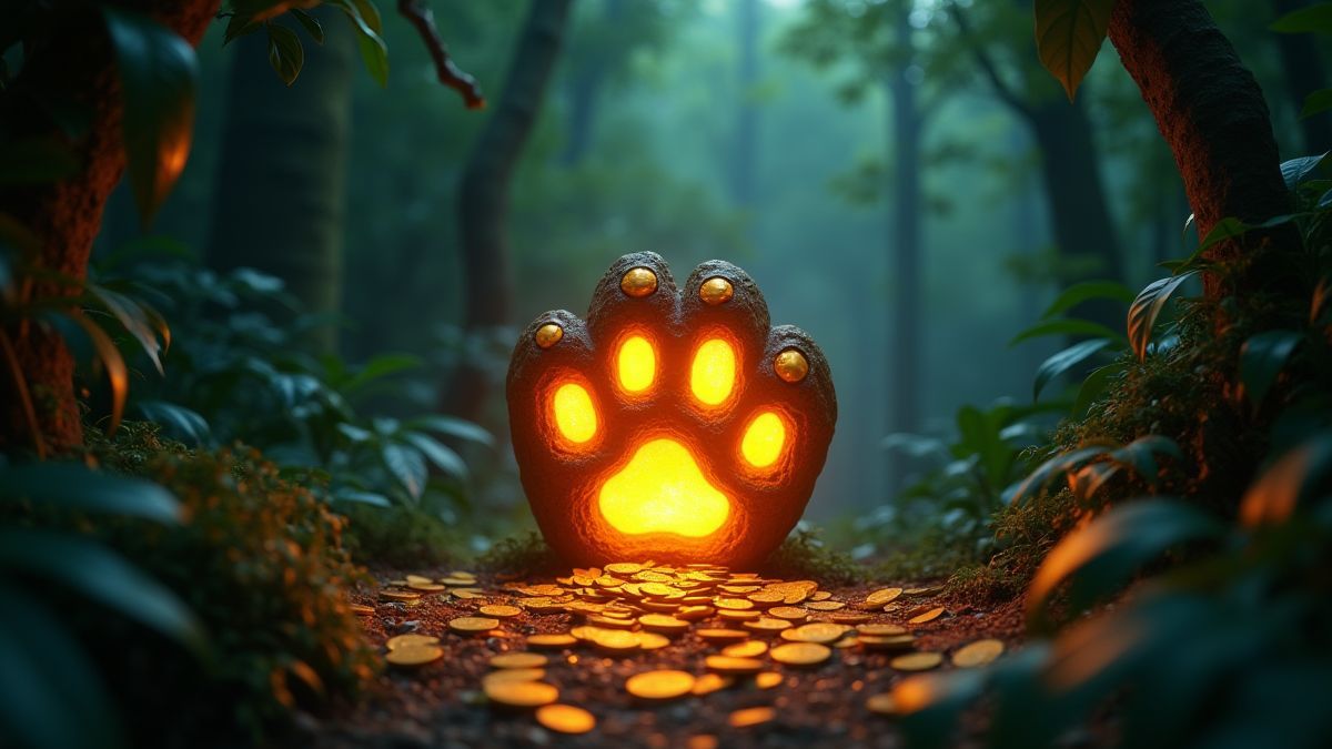 An animated image with a glowing tiger paw surrounded by coins and treasures.