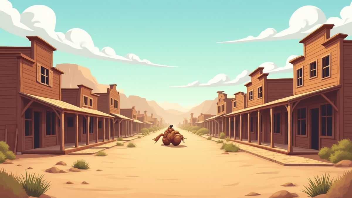 Desert town with wooden buildings and rolling plants on the ground.