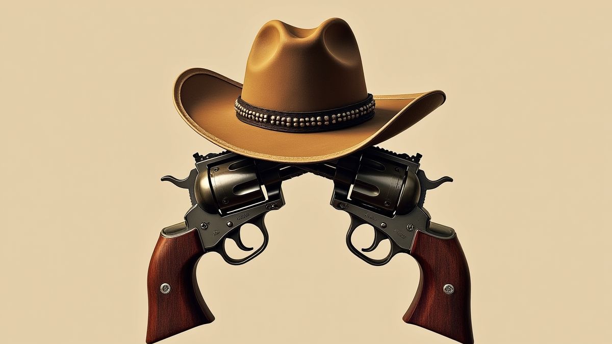 Two revolvers crossed with a cowboy hat on top.