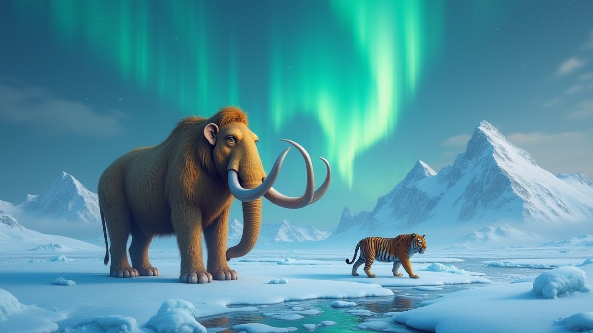 Un paisaje helado con un mamut dorado y un tigre dientes de sable bajo una aurora boreal.