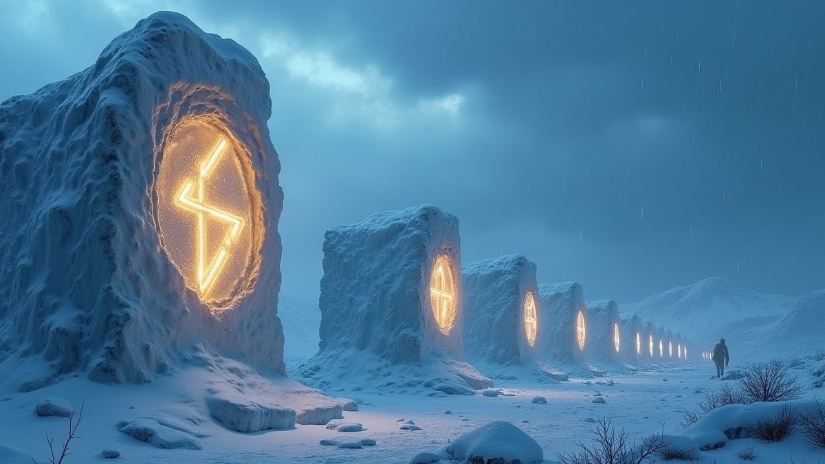 Escena prehistórica con símbolos brillantes incrustados en bloques de hielo bajo un cielo nevado.