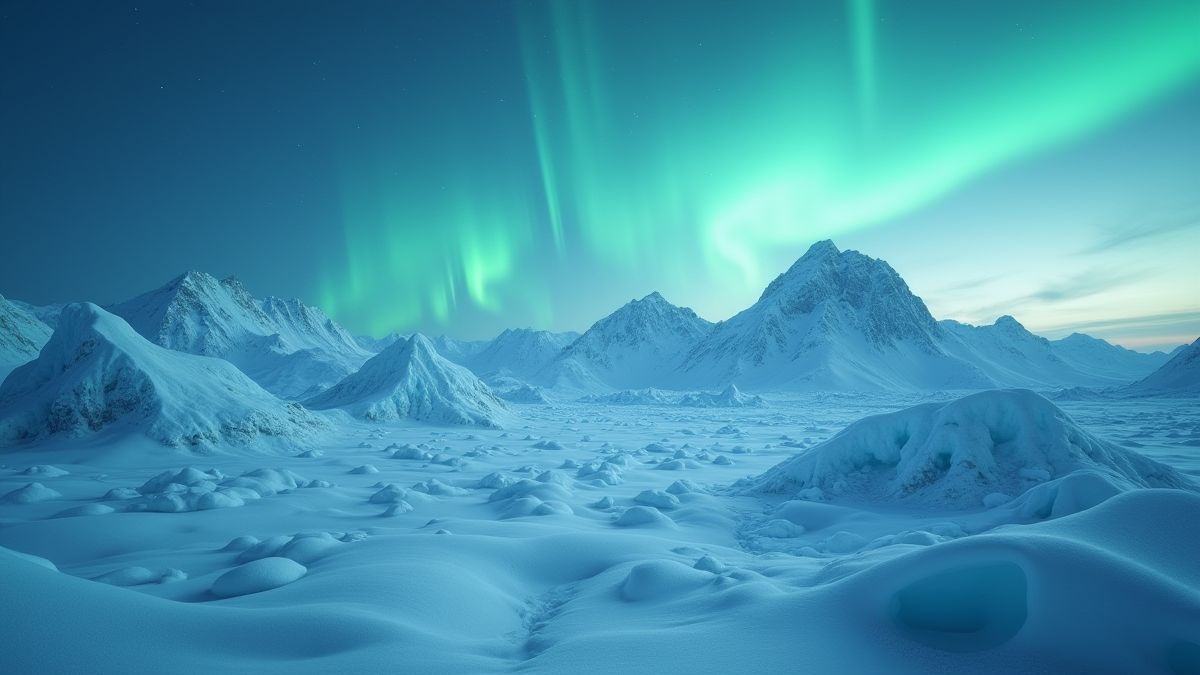 Vista cinemática de una tundra nevada con montañas heladas y auroras brillantes.