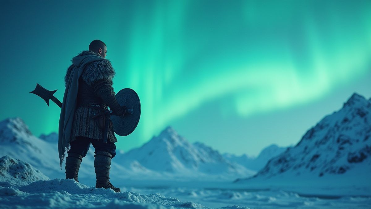 Een Viking krijger die een schild en een bijl vasthoudt op een besneeuwde berg met een gloeiende aurora borealis op de achtergrond.
