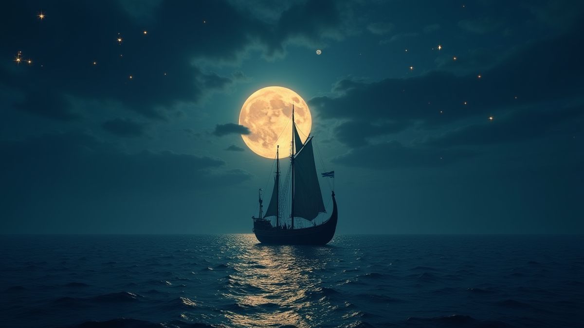 Een Viking schip verlicht door het maanlicht, varend op donkere oceaanwateren met gloeiende runen in de lucht.