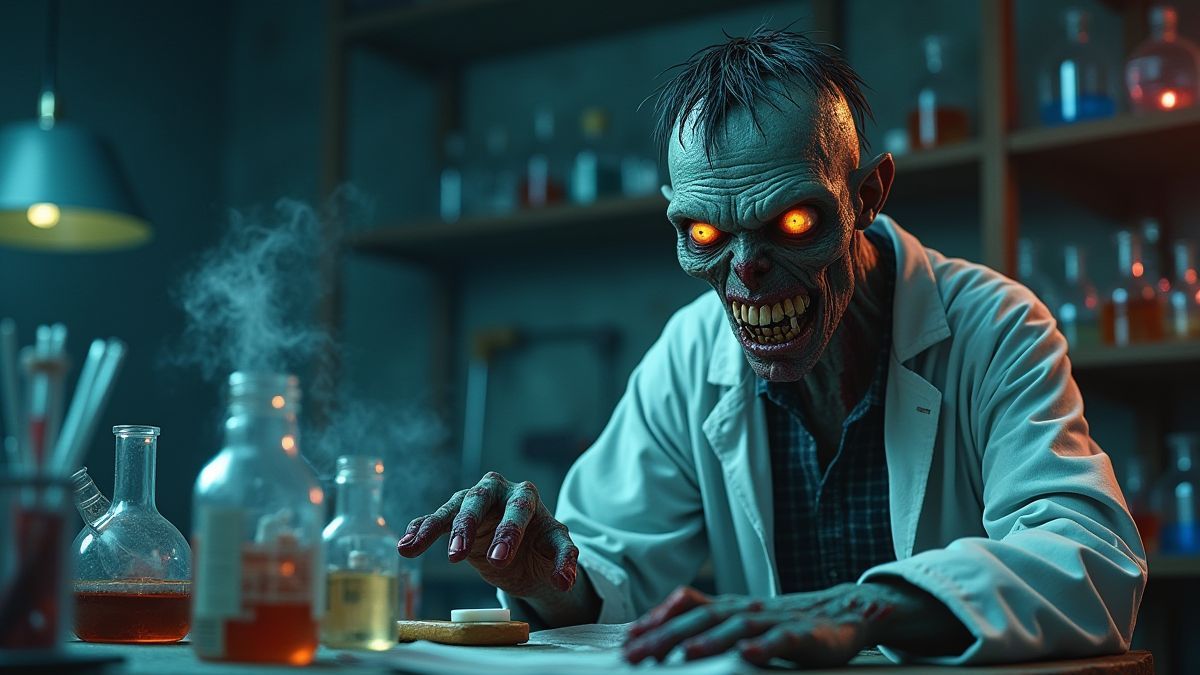 Um zumbi cientista em um laboratório escuro rodeado de equipamentos científicos.