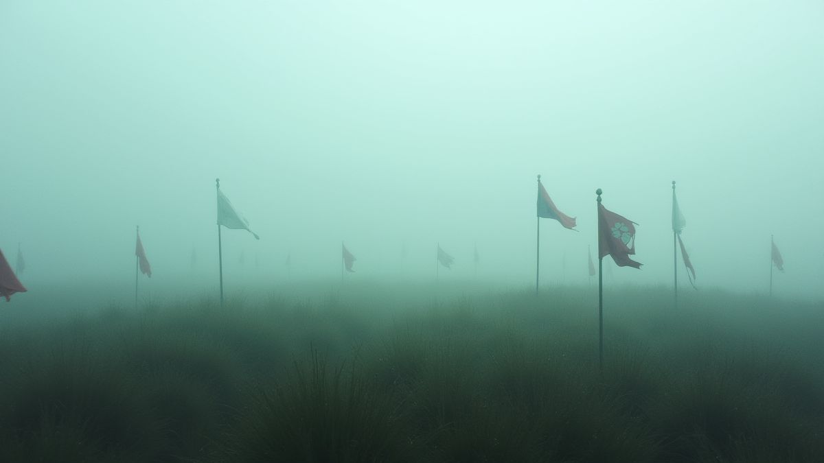 Schlachtfeld mit Nebel und wehenden Flaggen.