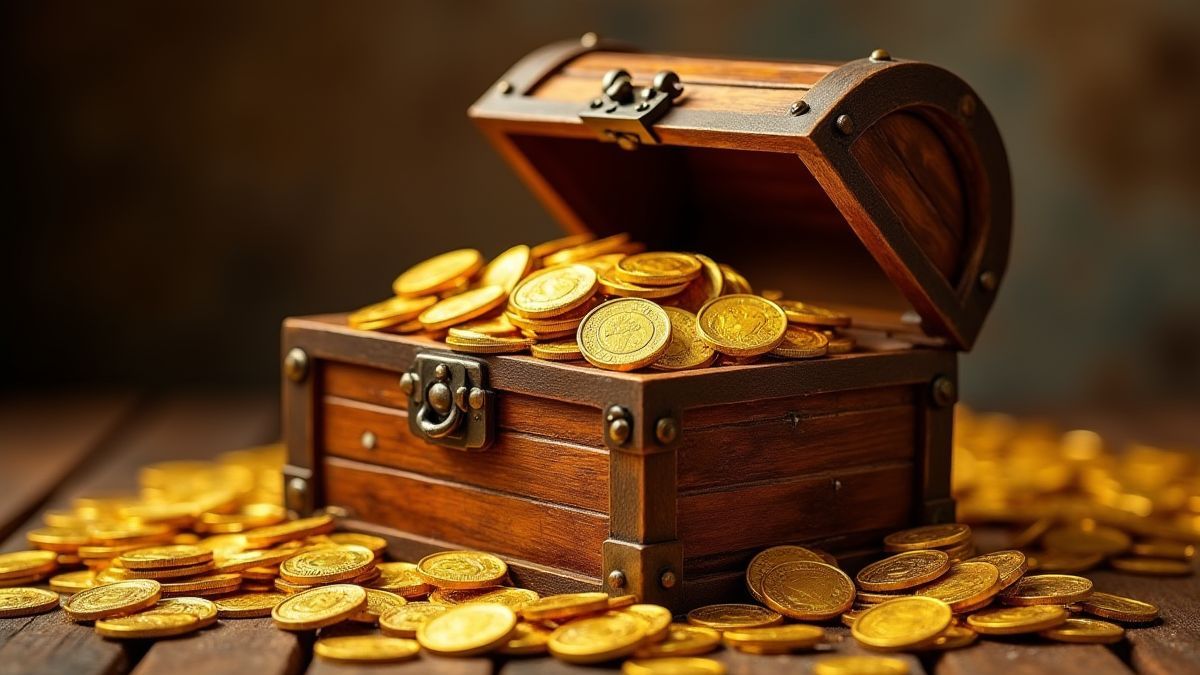 Schatztruhe voll mit Goldmünzen.