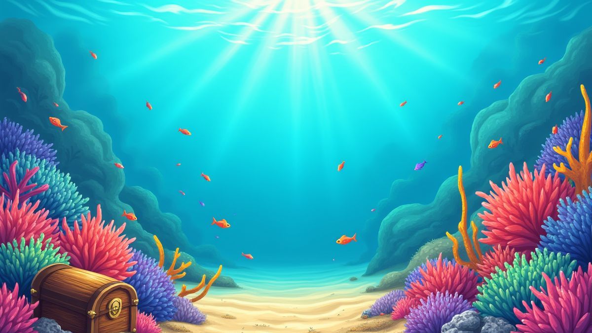 Récifs coralliens avec des coffres au trésor et des poissons