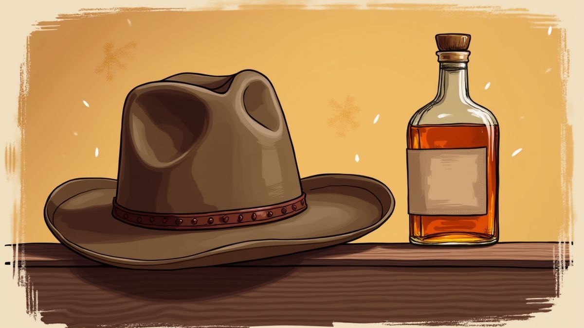 Sombrero de cowboy junto a uma botella de whisky em uma barra de madeira.