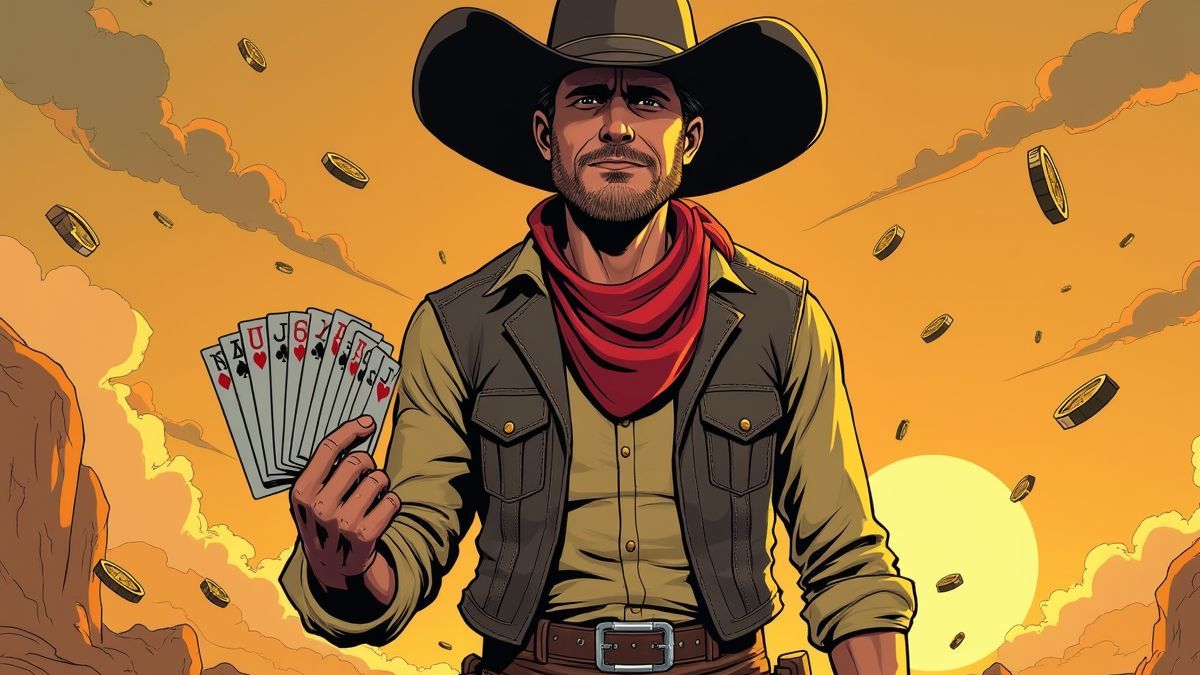 Cowboy sostendo cartas com moedas de ouro a seu redor.