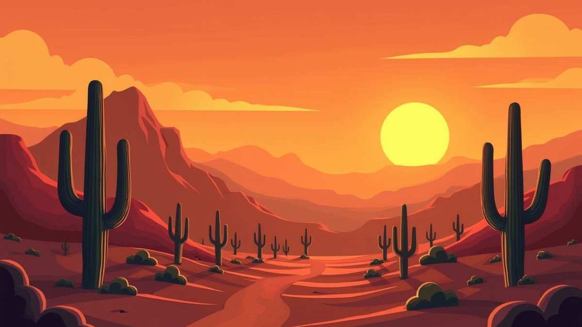 A desert with cacti and a sunset in Wild West style.