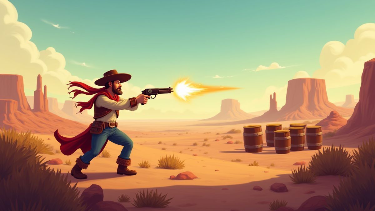 A cowboy shooting barrels in the bonus game.