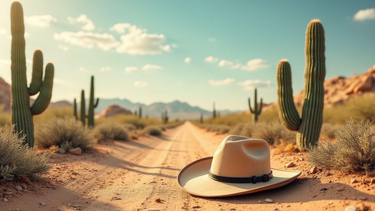 Uma cena desértica com cactos e um chapéu de cowboy no chão.