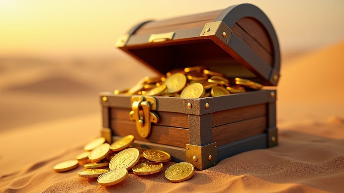 Um baú do tesouro cheio de moedas de ouro em um deserto.