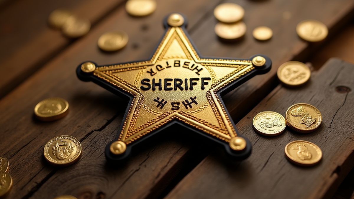 Sheriff-Abzeichen mit Goldmünzen auf Holz.