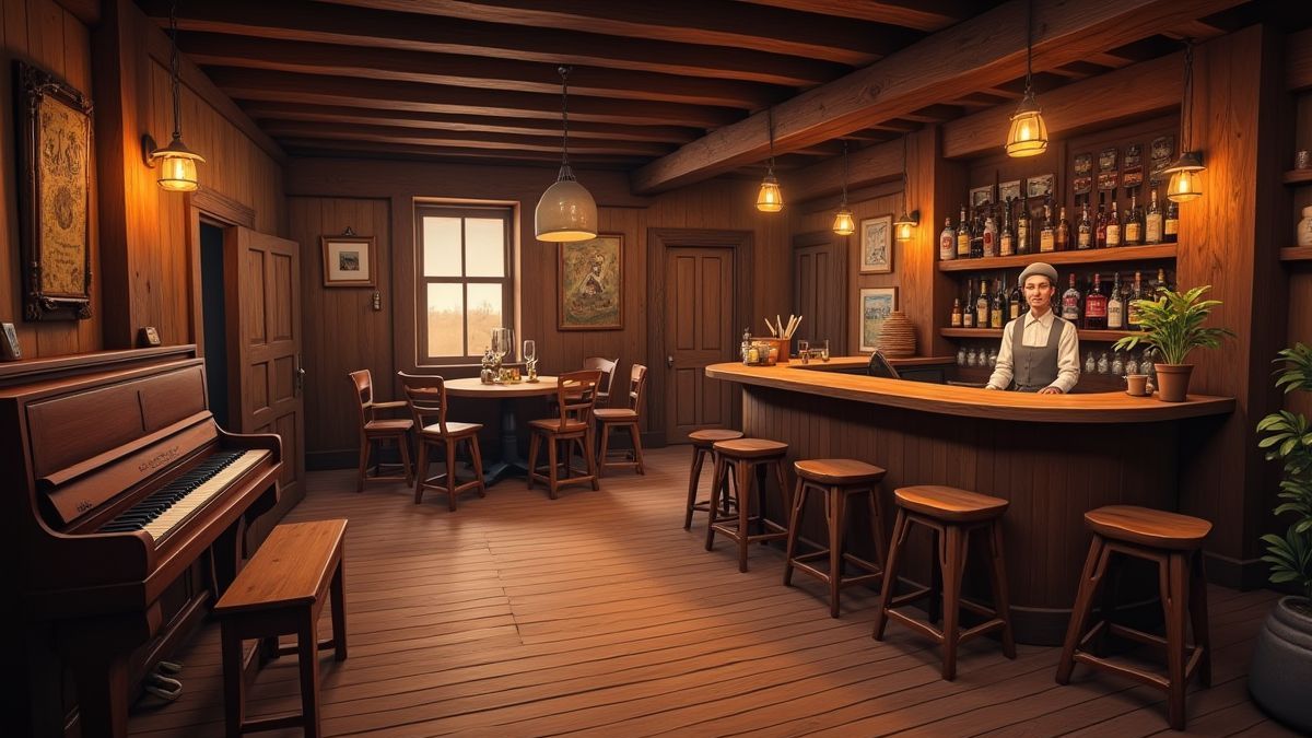 Een saloon uit het wilde westen met houten meubels en een piano.