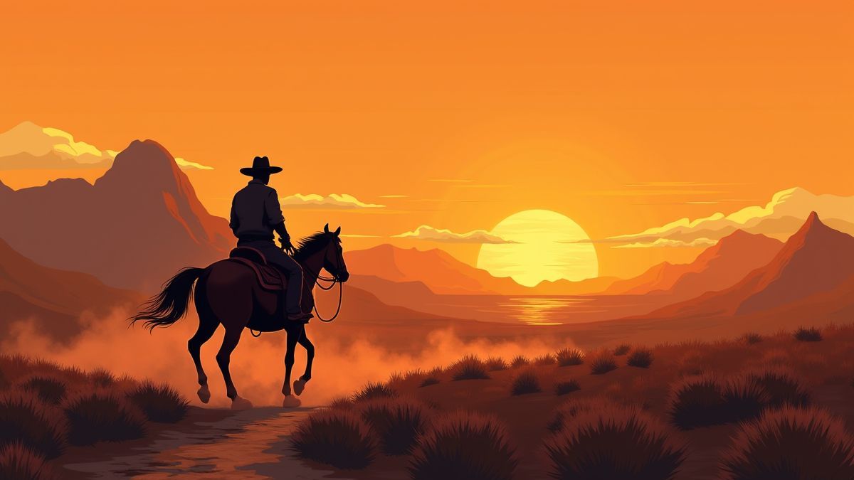Een cowboy die naar de zonsondergang rijdt op een stoffig pad.