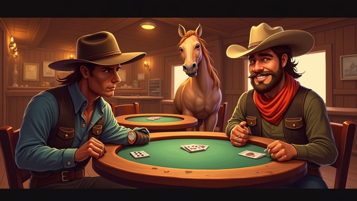 Un salón con una mesa de póker y un caballo sonriente.