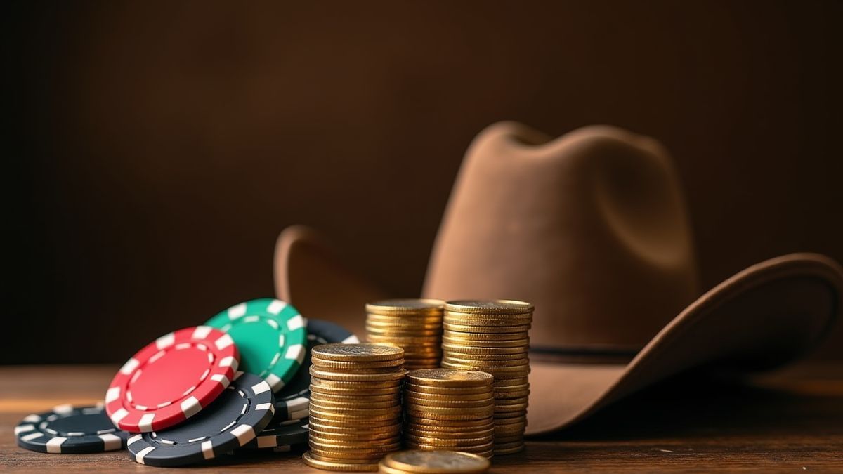Fichas de póker y un sombrero de vaquero junto a monedas de oro.