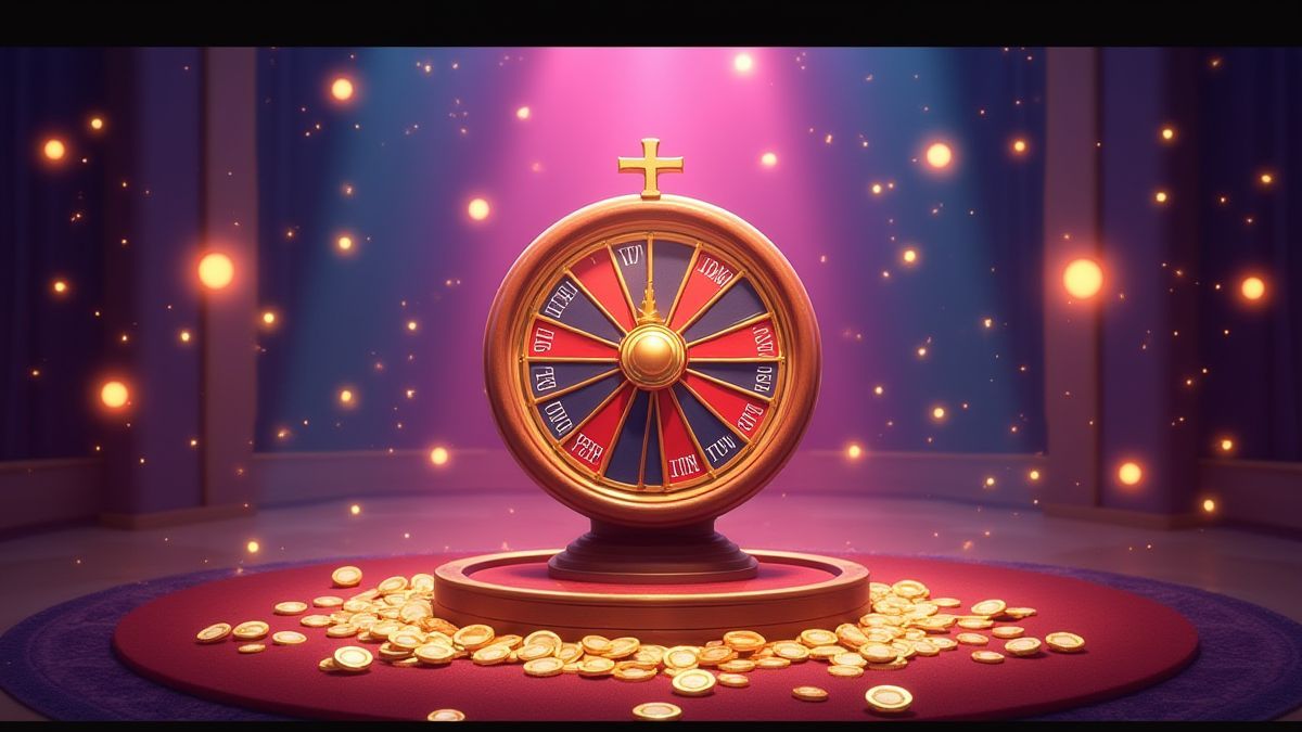 Ein Casino-Design mit grellen Lichtern und einem Glücksrad im Zentrum.