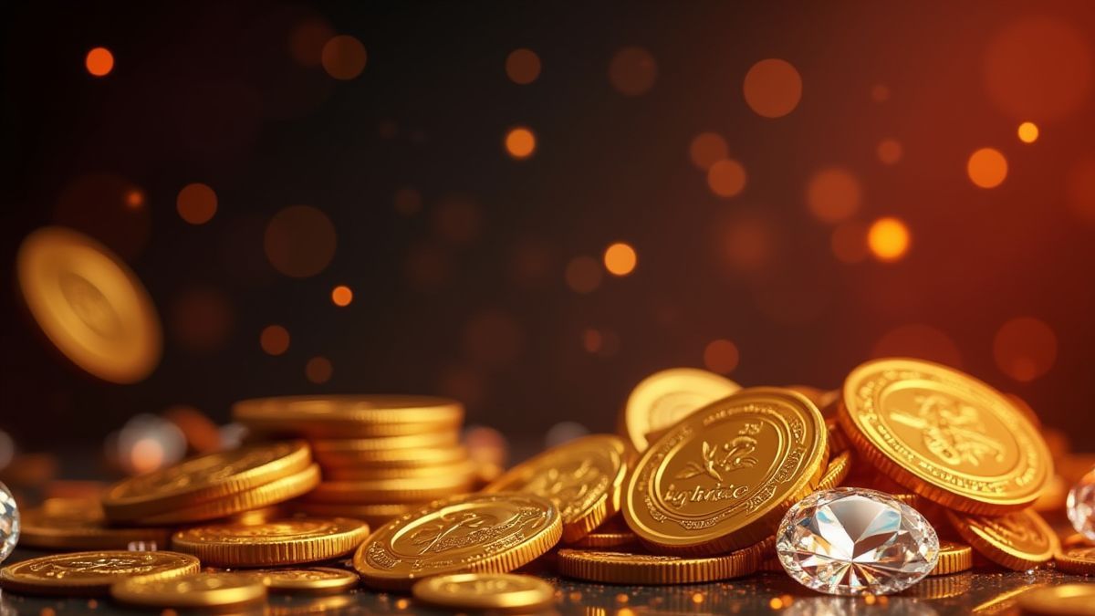 Fundo de cassino com moedas de ouro e gemas brilhantes