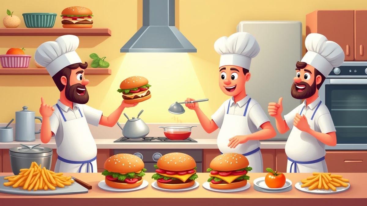 Animierte Küche mit Köchen, die Hamburger zubereiten.