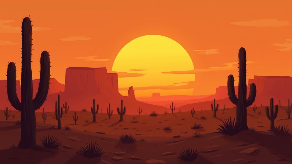 Een zonsondergang in het wilde westen met cactussen en rolplanten.