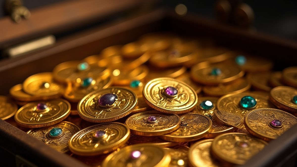Een schatkist vol gouden munten en juwelen.