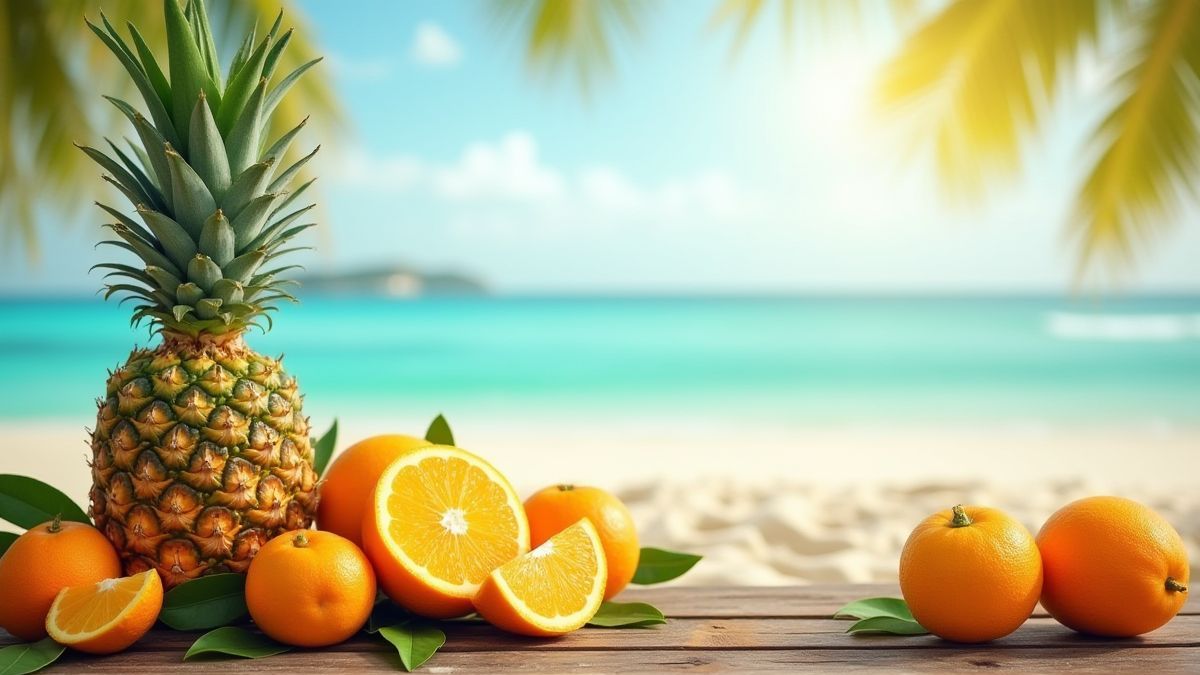 Frutas tropicales en una mesa de madera frente a una playa soleada.