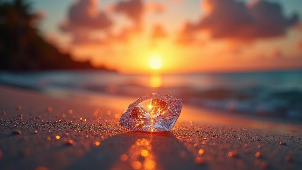 Diamantes brillando en una playa tropical al atardecer.