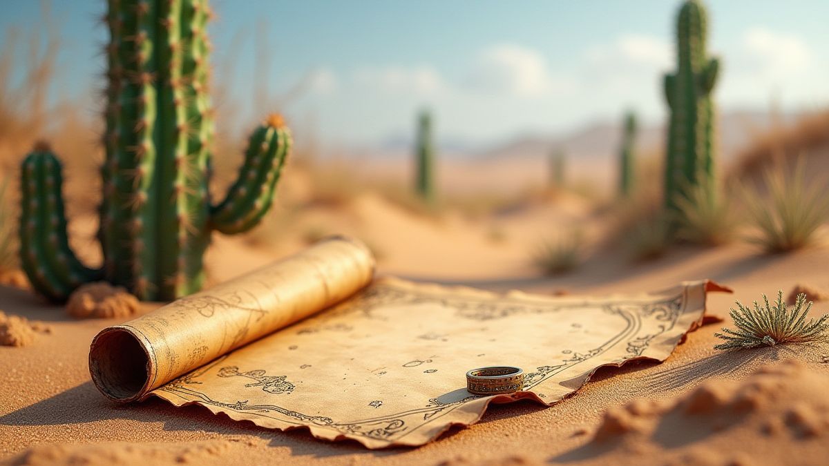 Woestijnlandschap met cactussen en een schatkaart op het zand.