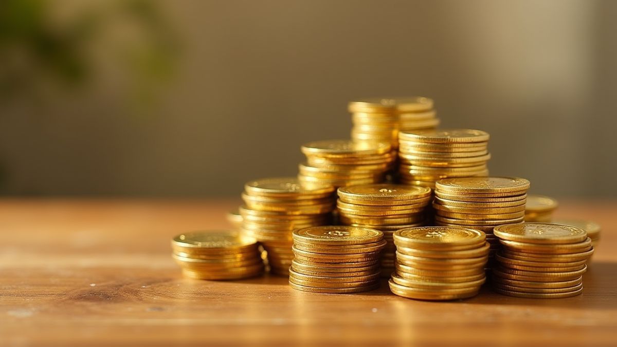 Gouden munten gestapeld op een houten tafel.