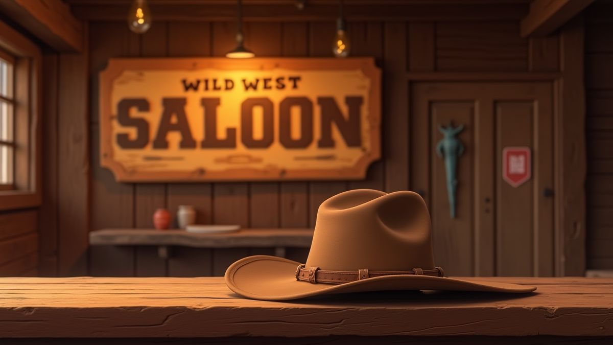 Imagen de un salón del Salvaje Oeste con un sombrero de vaquero sobre una mesa.