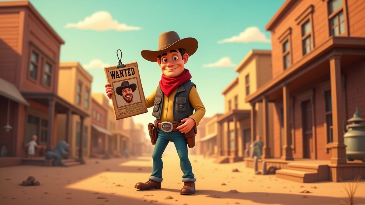 Sheriff sosteniendo un cartel de 'Se busca' en un pueblo polvoriento del Oeste.