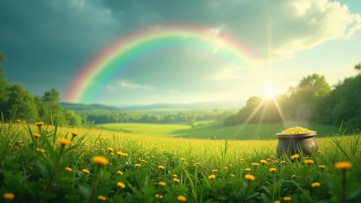Irische Wiese mit Regenbogen und Goldkessel.