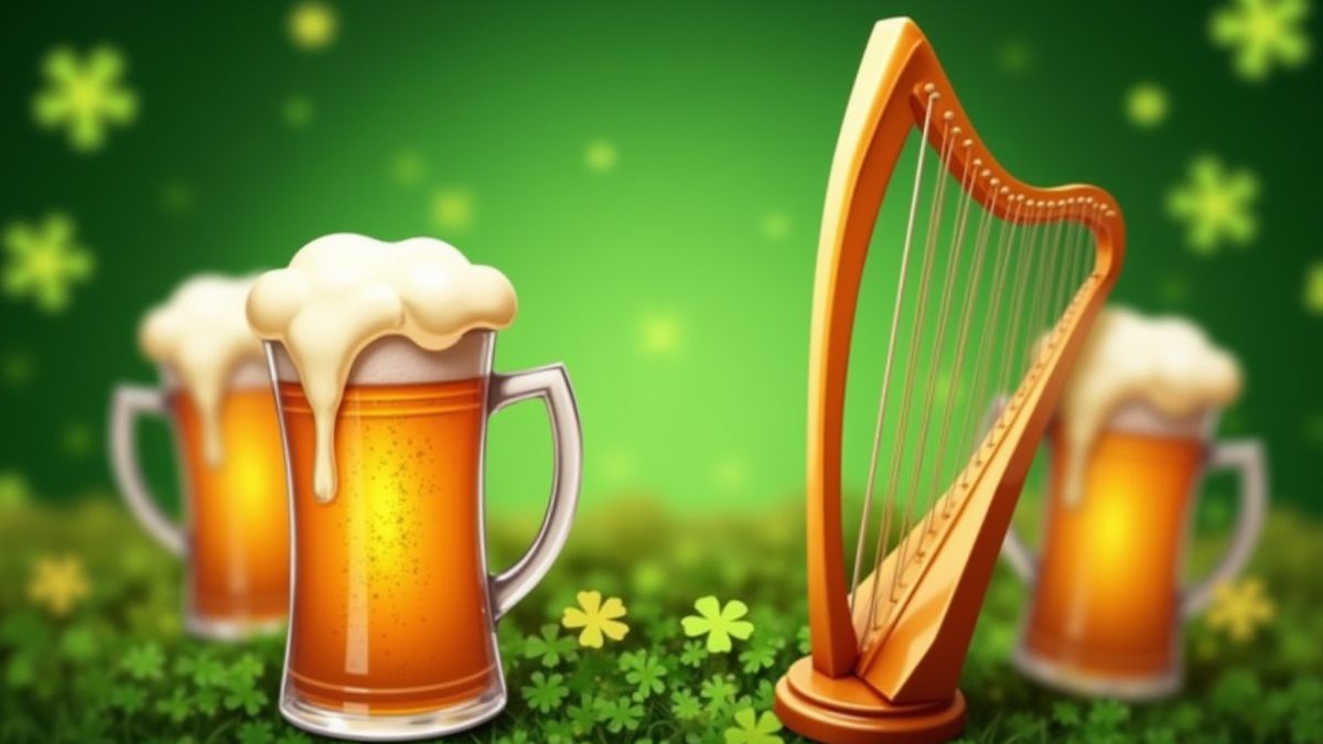 Animierte irische Symbole wie Bierkrüge und Harfen.