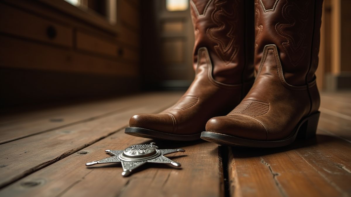 Botas de vaquero y una insignia de sheriff en el suelo de un salón.