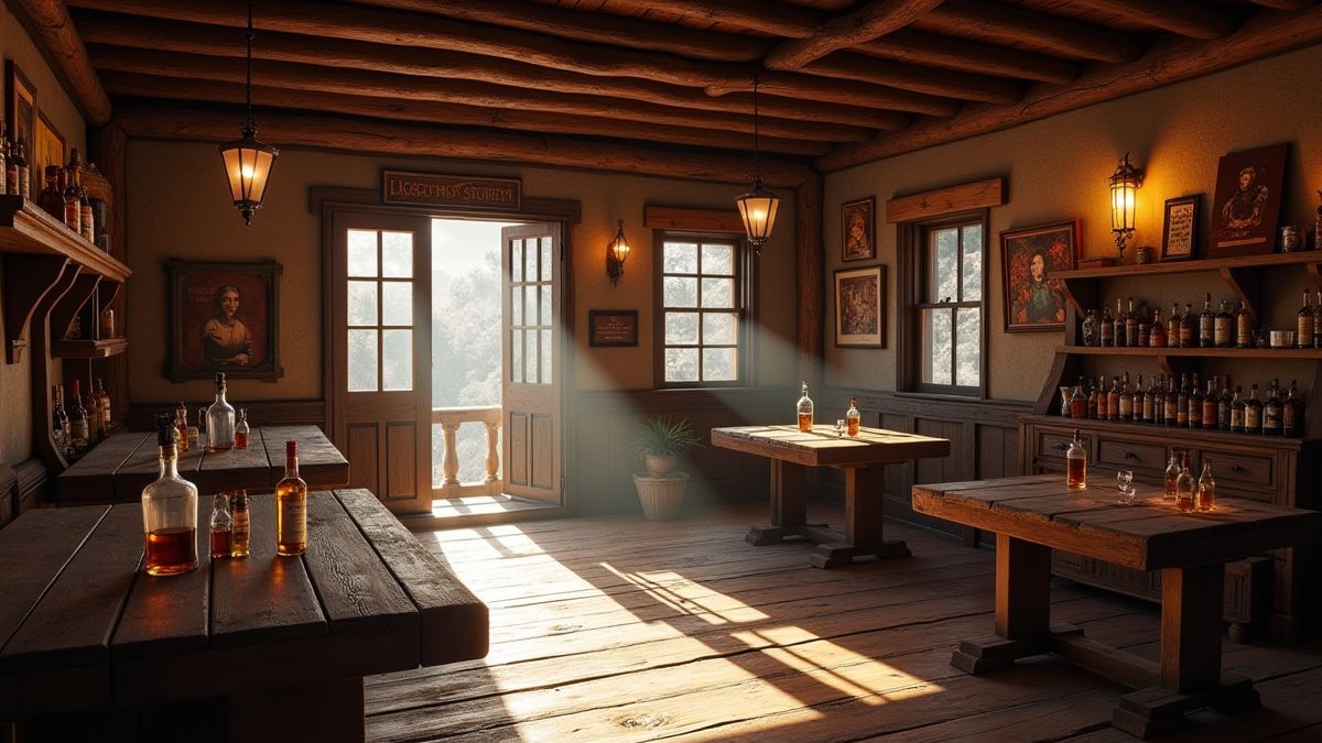Interior de un salón rústico con mesas de madera y botellas de whisky.