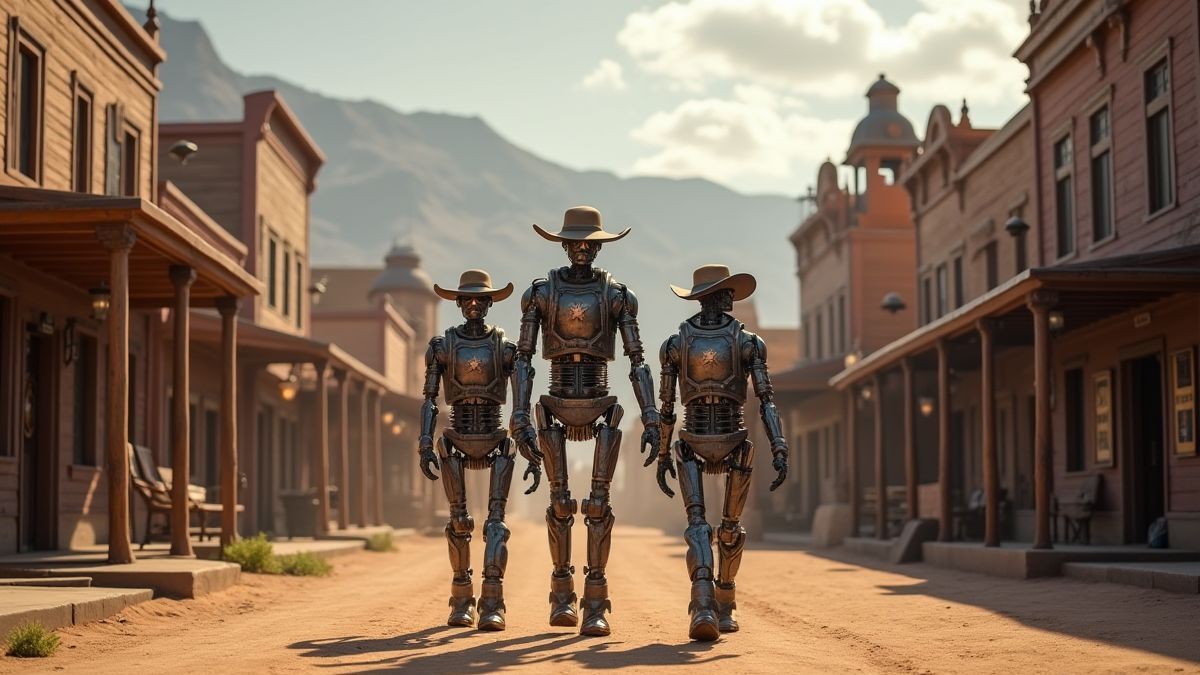 Een steampunk-stijl Wilde Westen stad met robotcowboys die bij saloons lopen.