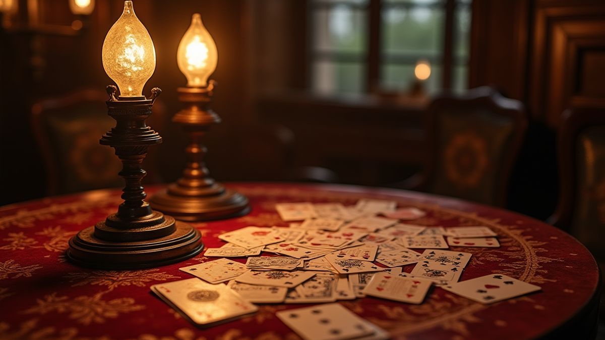 Saloon tafel met verspreide kaarten verlicht door steampunk-lampen.