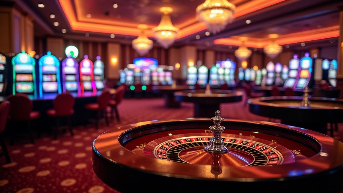 Interior de un casino glamoroso con mesas de ruleta y máquinas tragamonedas.