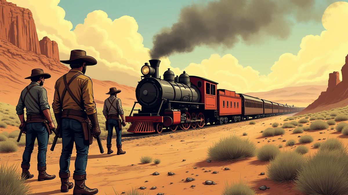 Comic-style illustration of the old west with bandits and steam train.
