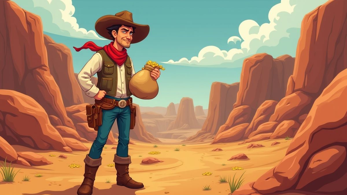 Un cowboy sosteniendo una bolsa de monedas de oro en un cañón desértico.