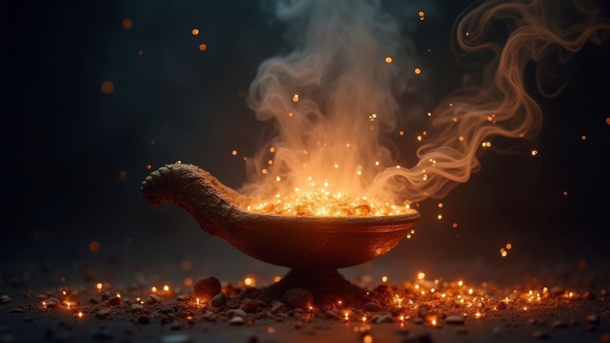 Magical lamp releasing smoke filled with treasures.