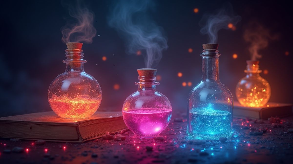 Símbolos mágicos como poções e livros de feitiços brilhando com energia.