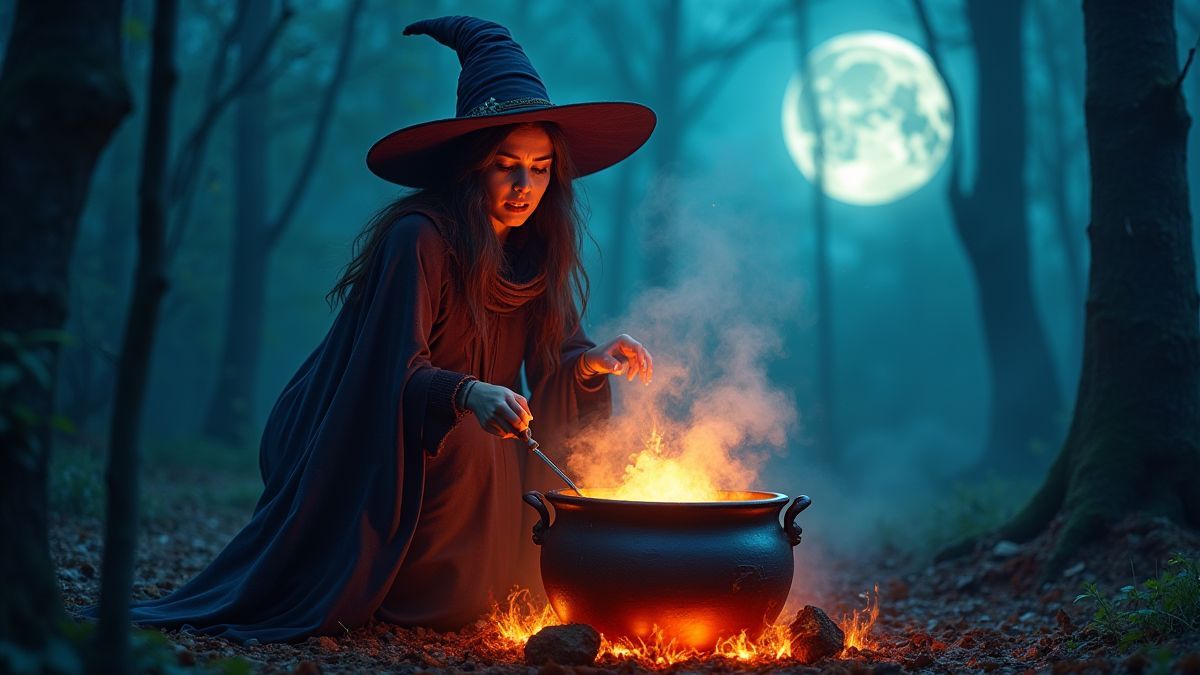 Uma bruxa vibrante preparando poções em um caldeirão brilhante sob a luz da lua.
