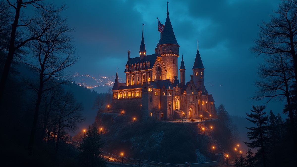 Castillo medieval encantado con luces mágicas.