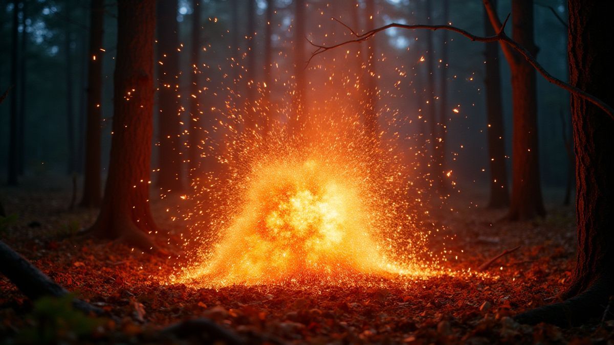 Explosión mágica en un bosque oscuro.