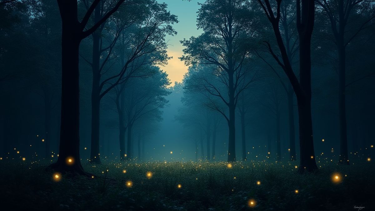 A forest at dusk with glowing fireflies.